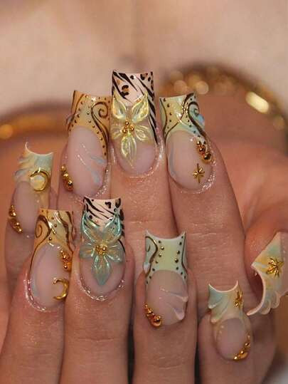 24pcs/Set Elegant 3D Floral, Wavy, Star, Moon & Pearl Designed Long Square Press-On Nails, Colorful Nail Art Accessories Suitable For Girls & Women For Daily, Outdoor, Party Occasions Nail Supplies | SHEIN