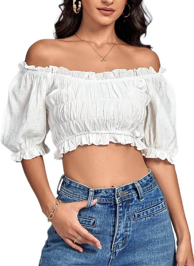 LYANER Women's Off Shoulder Ruffle Trim Ruched Short Sleeve Blouse Crop Top | Amazon (US)