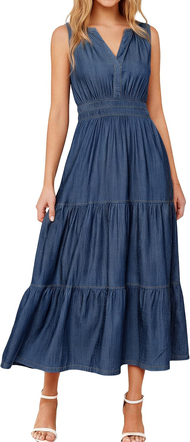 BerryGo Womens Denim Dress Sleeveless Jean Maxi Dress Empire Waist Flowy A Line Cowgirl Country Soft Chambray with Pockets | Amazon (US)
