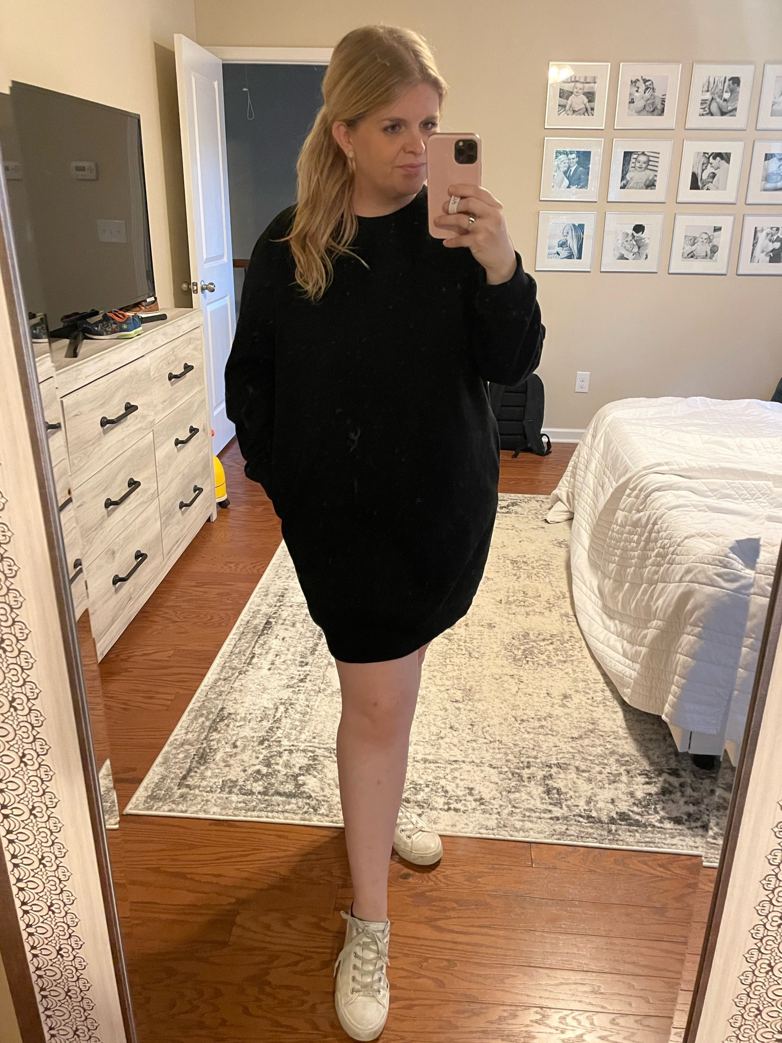 Sweatshirt dress and white sneakers