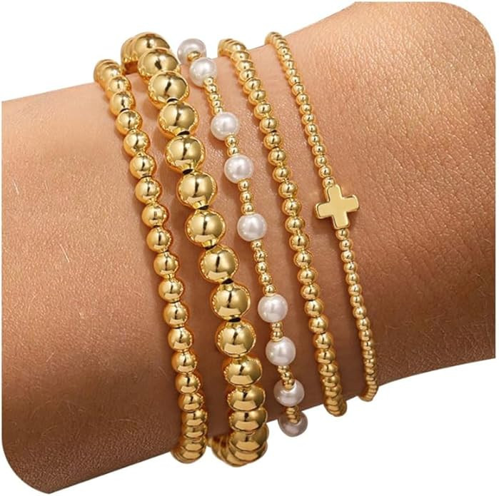 Yoosteel Easter Gifts Basket Stuffers Easter Gold Bracelet - 14k Gold Plated Beaded Bracelets Set... | Amazon (US)
