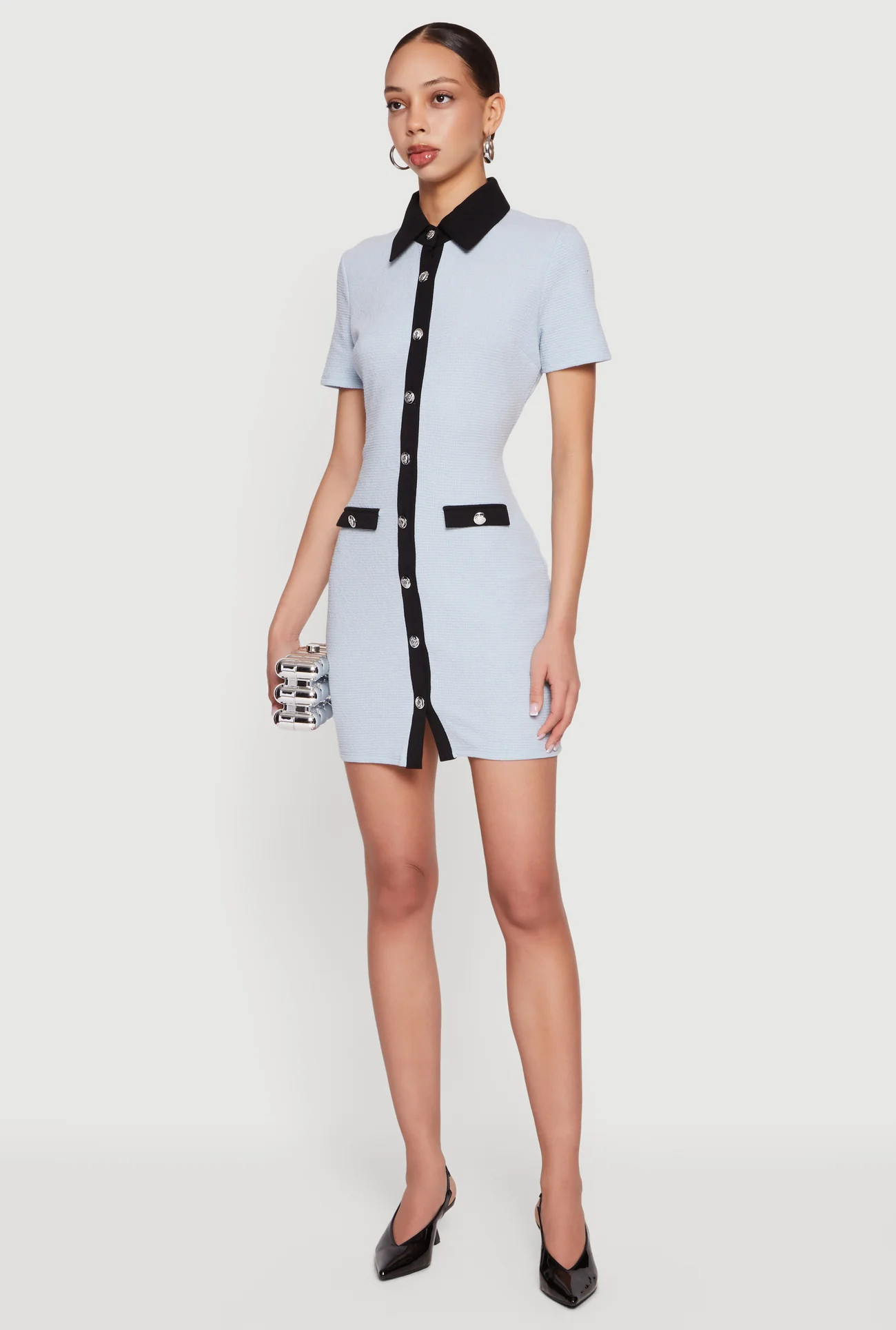 Contrast Trim Button Front Mini Shirt Dress | Rainbow Shops