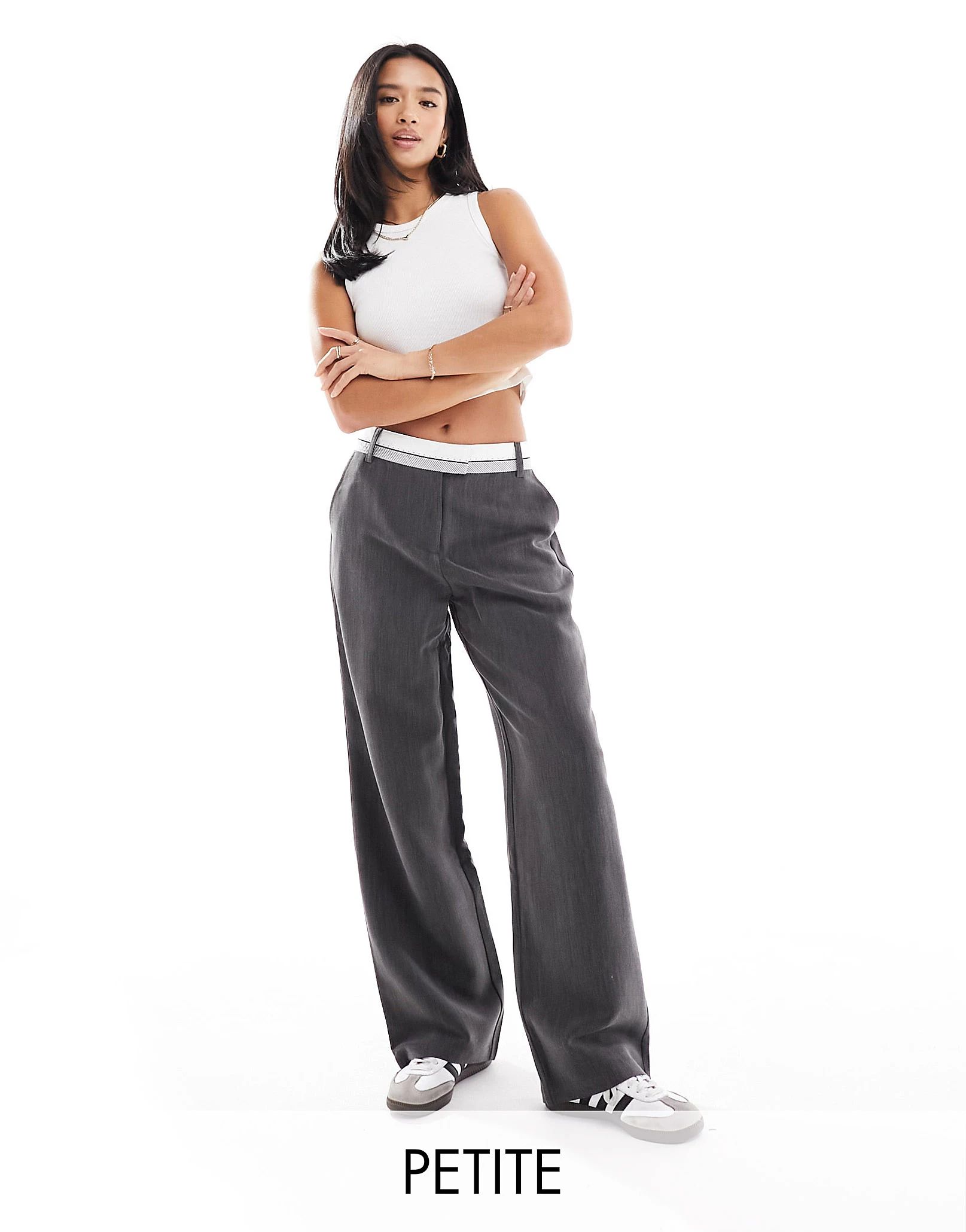 4th & Reckless Petite exclusive tailored contrast waist band straight leg pants in dark gray | ASOS (Global)