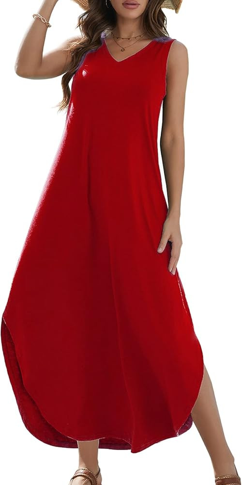 Zilcremo Women Summer Sleeveless Dress Casual V Neck Loose Split Tshirt Long Dresses | Amazon (CA)