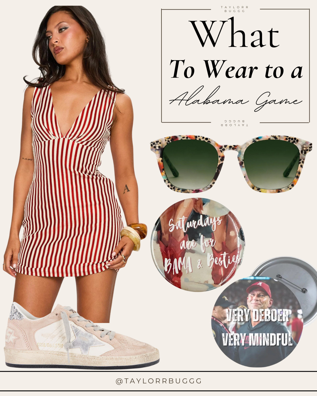 ❤️🤍 Alabama Game Day Outfit – Roll Tide! 🤍❤️
Serve major Crimson Tide spirit in this red-and-white striped bodycon mini dress that’s perfect for Bryant-Denny Saturdays. Pairing it with neutral Golden Goose sneakers for comfort and style, plus Krewe tortoiseshell sunglasses with green lenses for a luxe touch. The look gets its personality from Alabama-inspired pins from Etsy — because it’s all in the details.

Whether you’re tailgating on the Quad or cheering from the stands, this outfit is the ultimate mix of trendy, sporty, and Bama pride.

#RollTide #AlabamaGameDay #CrimsonTide #GoldenGoose #KreweSunglasses #EtsyPins #CollegeGameDayFashion #SouthernStyle #GameDayOOTD #LTKSeasonal #BamaStyle #LTKUnder100

 

#LTKSeasonal #LTKPetite #LTKParties