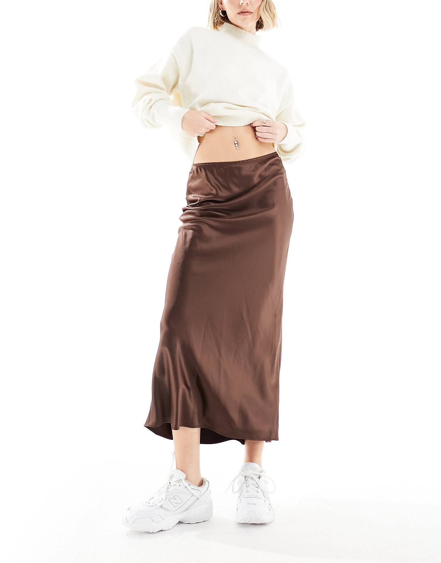 River Island bias maxi skirt in brown satin | ASOS | ASOS (Global)