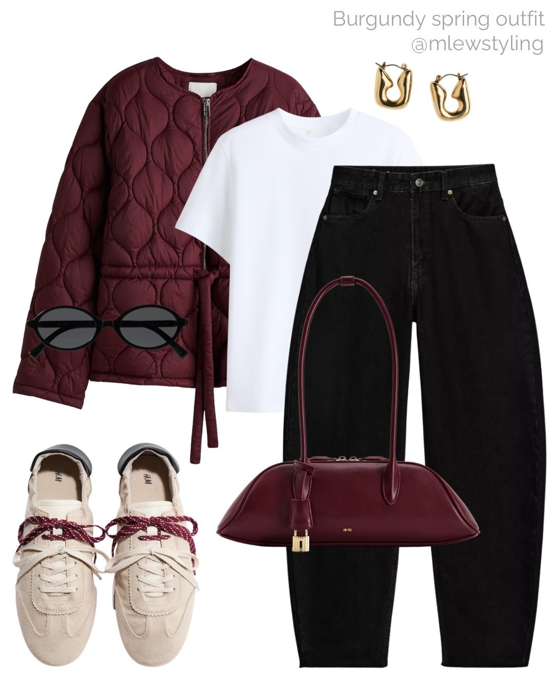 Everyday spring outfit with burgundy 🕶️

Tags: early spring fashion, H&M cinched waist quilted jacket, black denim, barrel leg jeans, white tee, cream sneakers, JW PEI burgundy bag, black sunglasses, neutral aesthetic, capsule wardrobe 

#LTKSeasonal #LTKdayinmylife #LTKootd