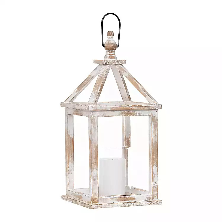 Whitewashed Wooden Lantern with Glass Hurricane | Kirkland's Home