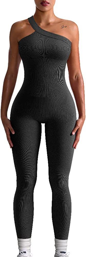 OQQ Women Yoga Jumpsuits Workout Ribbed One Shoulder One Piece Sport Jumpsuits | Amazon (US)