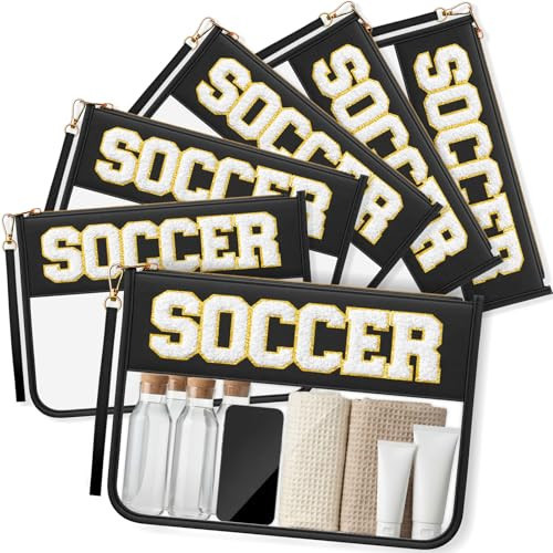 Sunnymove 6 Pcs Soccer Gifts for Team, Chenille Letter Clear Makeup Bags, Black PVC Zipper Pouch Set for End of Season Banquet, Senior Night, Watch Party Favors | Amazon (US)