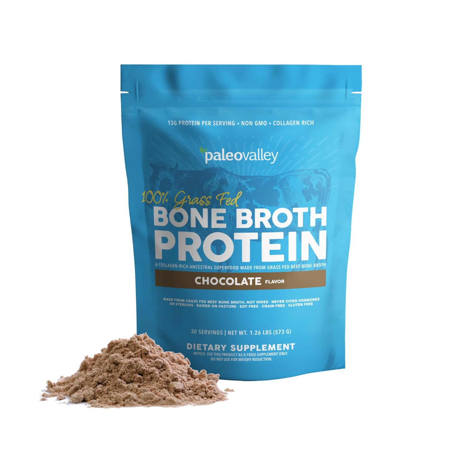 Paleovalley 100% Grass Fed Beef Bone Broth Protein Powder - Rich in Collagen Peptides for Hair, Skin, Gut Health, Bone and Joint Support - 13g Protein Per Serving - No Gluten or GMOs - Chocolate | Amazon (US)