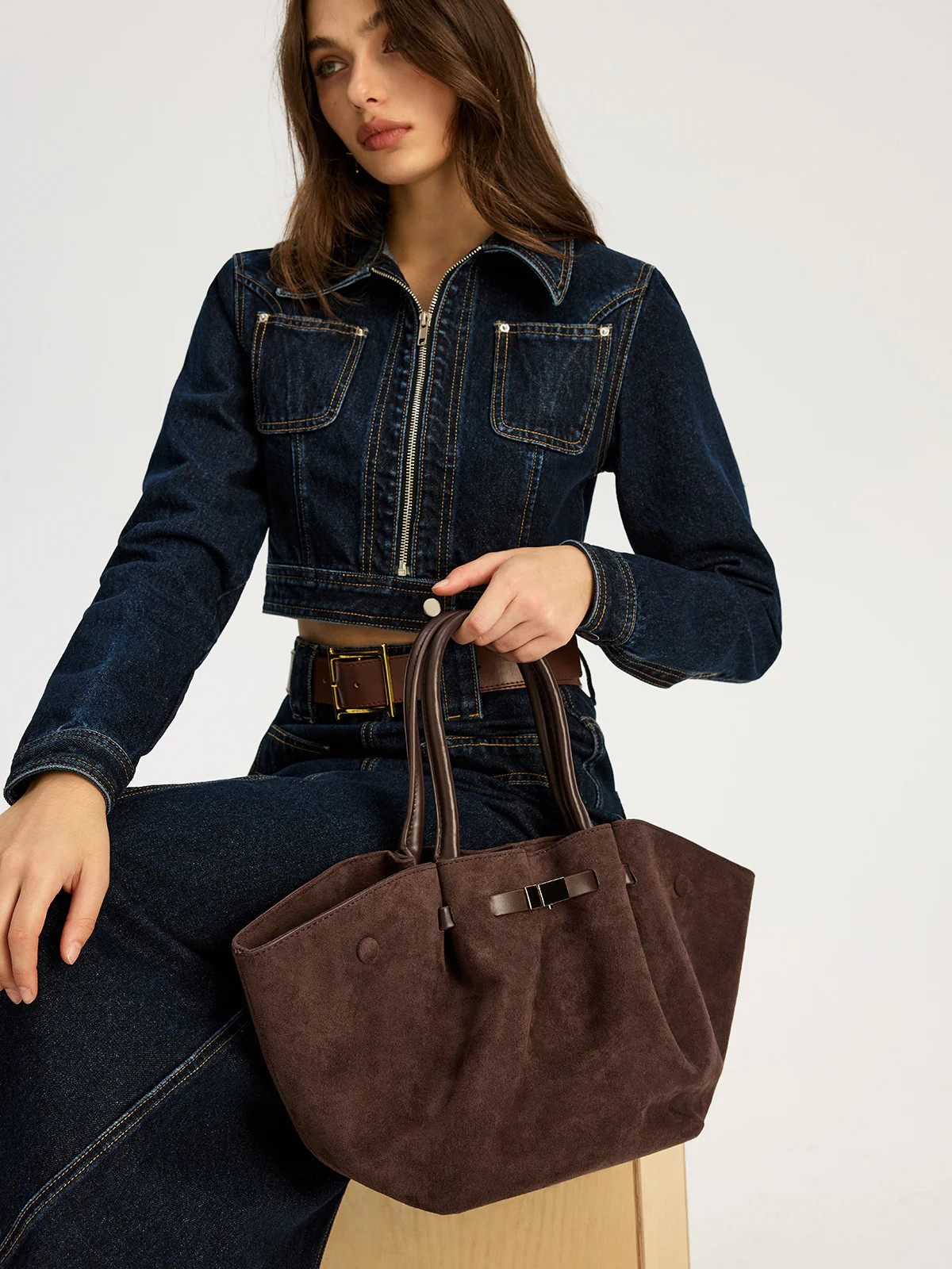 Suede Leather-Trimmed Tote Bag | Commense