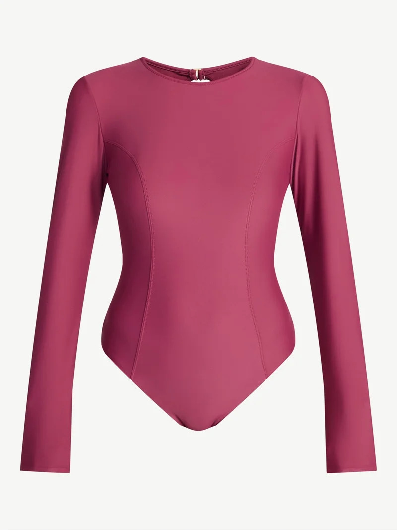 Time and Tru Women's and Women's Plus Size One Piece Rash Guard Swimsuit with Long Sleeves, Sizes... | Walmart (US)