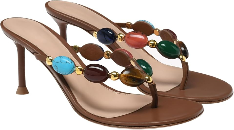 Women's Jeweled Thong Strappy Sandal Summer Mules Kitten Heels Flip Flop Round Open Toe Mid Heels... | Amazon (US)