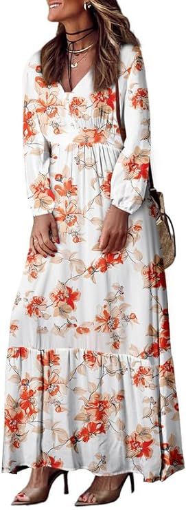 Dokotoo Women's 2024 Boho Maxi Dress Casual Long Puff Sleeve V Neck Ruffle A Line Flowy Casual Be... | Amazon (US)