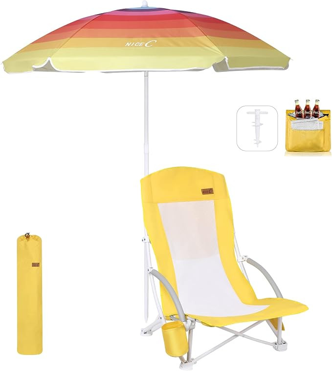 Nice C Beach Chair, Beach Chairs for Adults with Umbrella and Cooler, High Back, Cup Holder & Car... | Amazon (US)