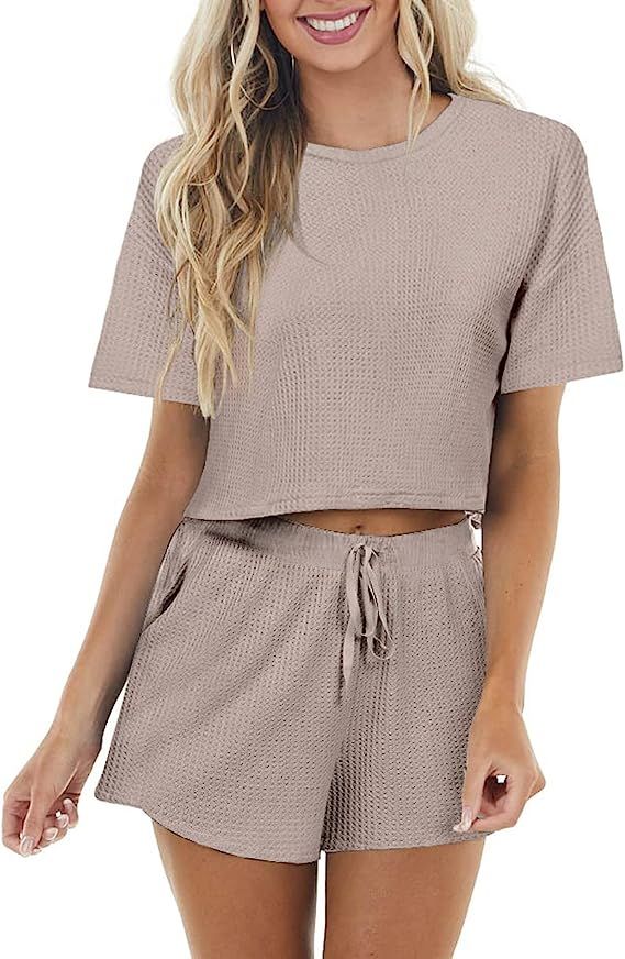 JINKESI Women's Waffle Knit Pajama Set Long/Short Sleeve Top and Shorts Lounge Sleepwear with Poc... | Amazon (US)