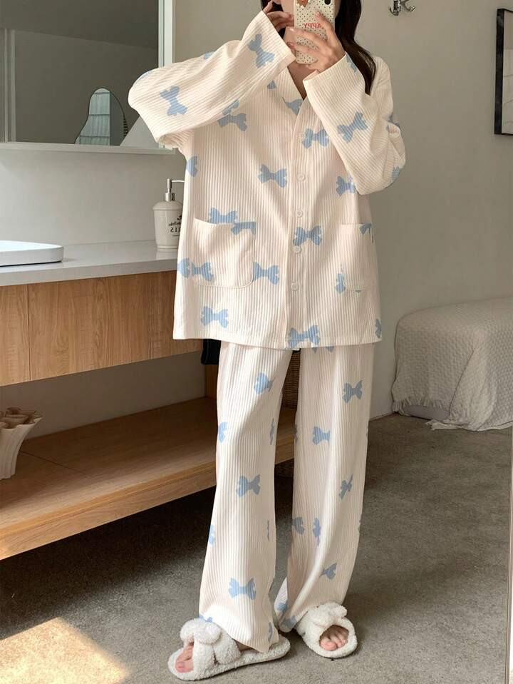 DAZY Winter Striped Textured Cute Bow Pattern Print Cardigan Pajamas Set | SHEIN