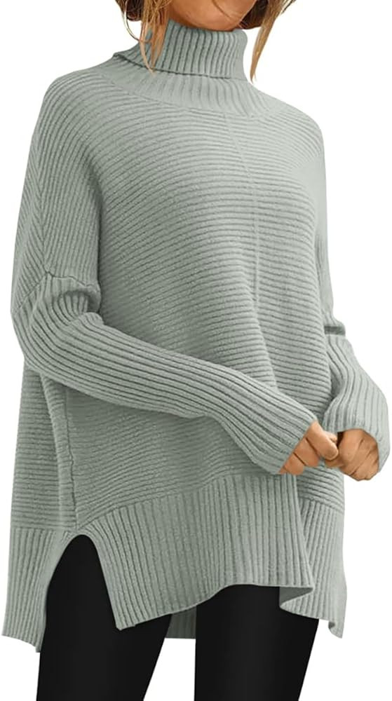 Womens Turtleneck Sweaters Oversized Long Batwing Sleeve Split Hem Knit Tunic Pullover Sweater To... | Amazon (US)