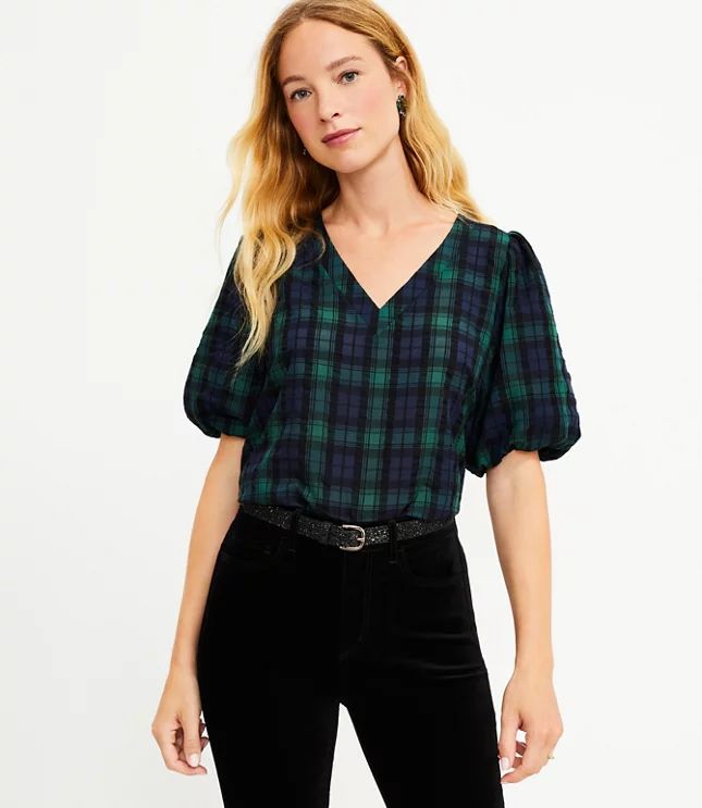 Plaid Balloon Sleeve V-Neck Top | LOFT