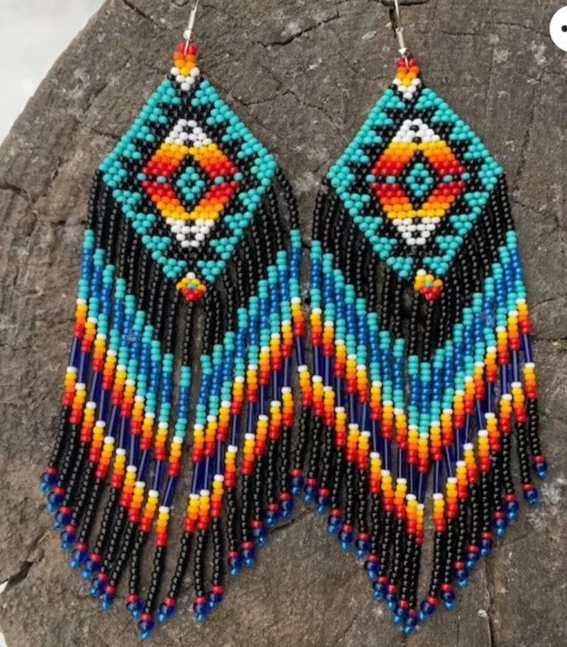 Beadwork Earrings, Multi Colours Earrings Beaded Earrings Ethnic Earrings American Native Seed Be... | Etsy (US)
