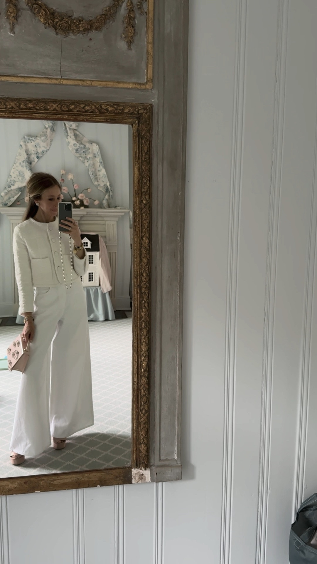 Boucle jacket and jeans. Proenza sale jacket is a staple. Pearl phone chain back in stock! 