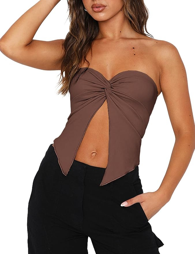 SAFRISIOR Women Strapless Sweetheart Neck Twist Slits Front Tube Bandeau Top Sleeveless Backless ... | Amazon (US)
