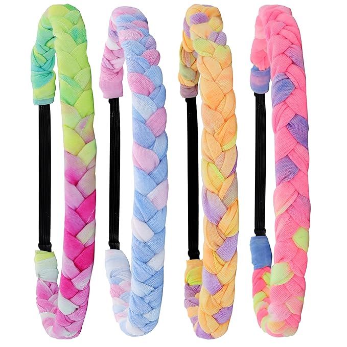 FROG SAC 4 Adjustable Braided Headbands for Girls, Rainbow Tie Dye Braid Hair Bands for Kids, Cut... | Amazon (US)