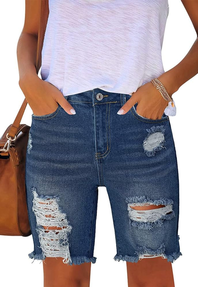 Metietila Women's Ripped Mid-Rise Denim Bermuda Shorts Frayed Raw Hem Stretch Jean Shorts | Amazon (US)