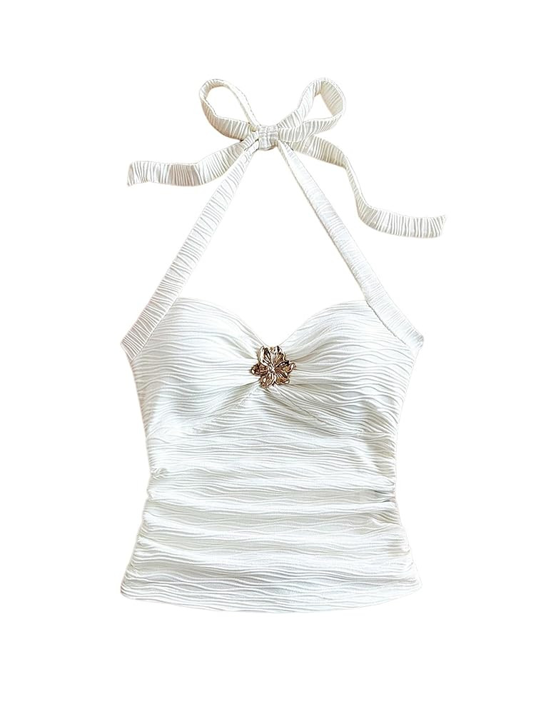 MakeMeChic Women's Floral Print Ruched Halter Top Sleeveless Backless Slim Fit Crop Tops | Amazon (US)