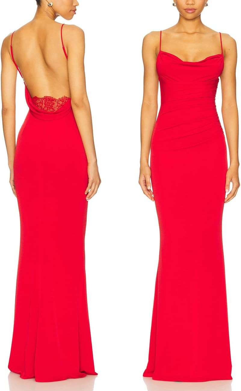 Women Spaghetti Strap Lace Backless Mermaid Maxi Dress Drape Neck Gown | Amazon (US)