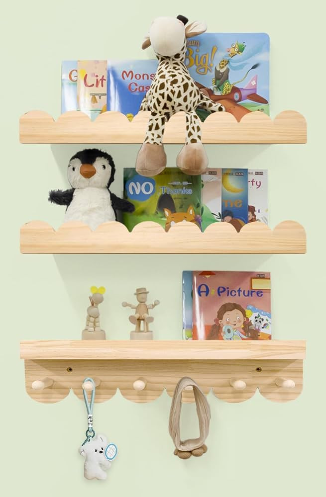 Nursery Shelves for Wall with Hooks-Scalloped Wall Book Shelves for Bedroom Kids Set of 3, Nurser... | Amazon (US)