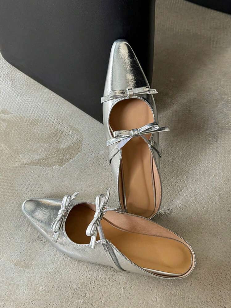 Silver Flat Sandals With Fashionable Bowknot Decorations, Comfortable Ballet Shoes, Women's Shoes... | SHEIN