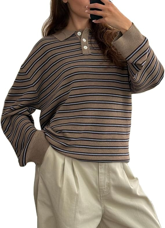 Women Polo Collar Striped Long Sleeve Sweater Y2k Long Sleeve Vintage Stripped Knit Oversized Swe... | Amazon (US)