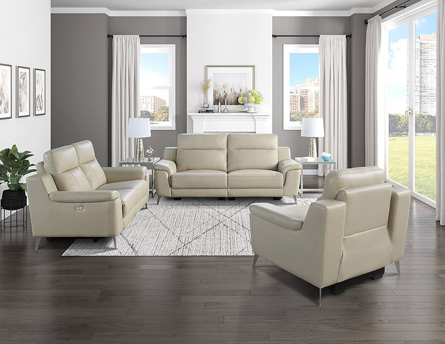 Lexicon Betzer 3-Piece Genuine Leather Match Power Reclining Living Room Set, Beige | Amazon (US)