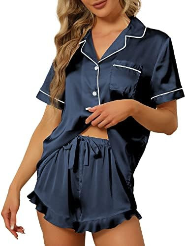 SAPJON Satin Silk Pajamas for Women 2Pcs Ruffle Notch Collar Sleepwear Button Down Short Sleeve S... | Amazon (US)