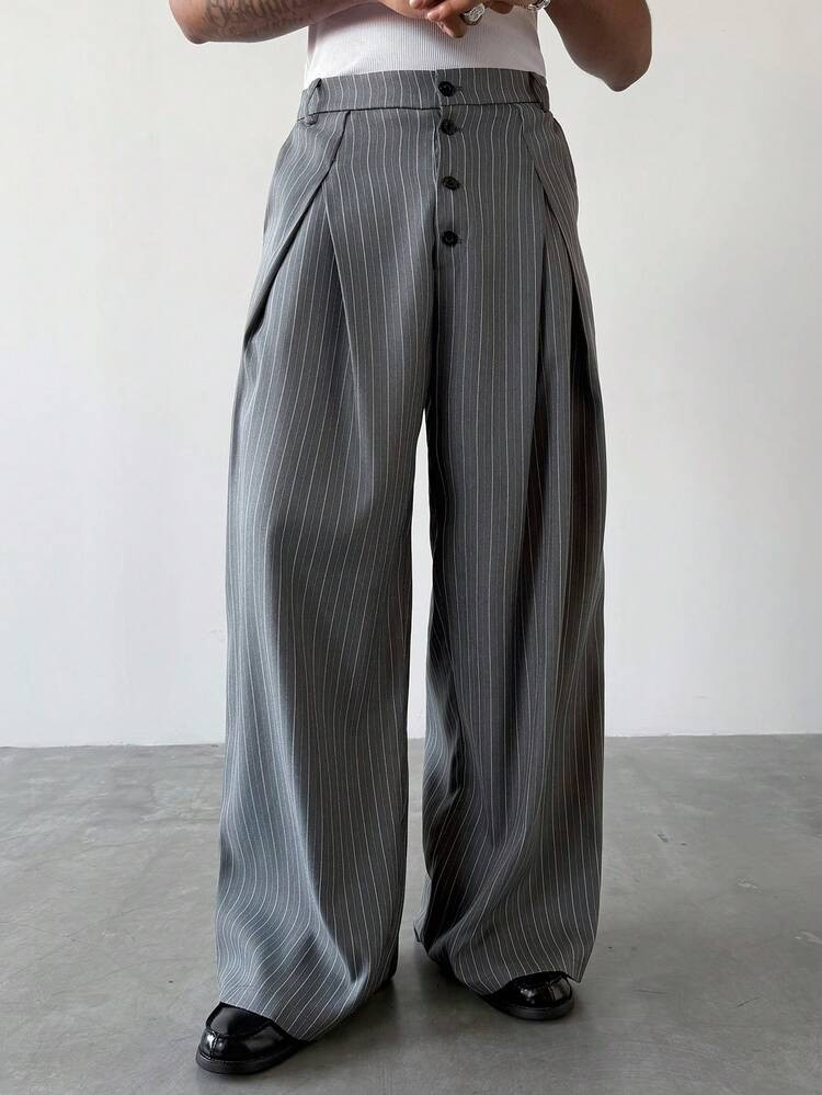 PAVTROS Men's Casual Button Front Pleated Striped Trousers Wide Leg Pants Grey Pants Pinstripe Pa... | SHEIN