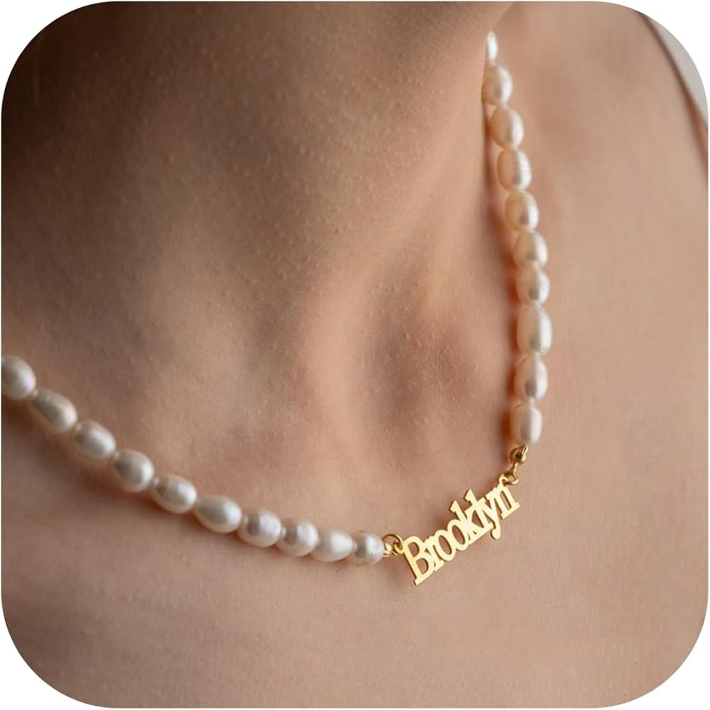 Personalized Name Necklace with Pearl Chain, 18K Gold Plated Custom Name Necklace for Women, Cust... | Amazon (US)