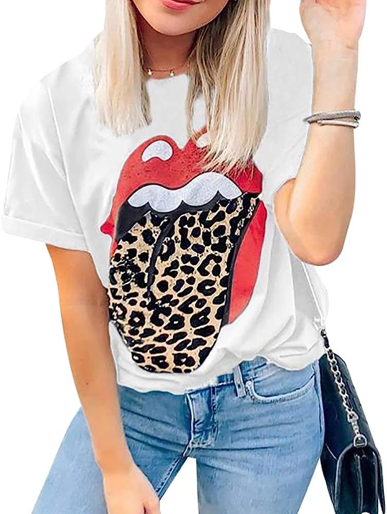 Women Red Lip Leopard Tongue T-Shirt Short Sleeve Cute Graphic Teen Girls Tee Tops | Amazon (US)