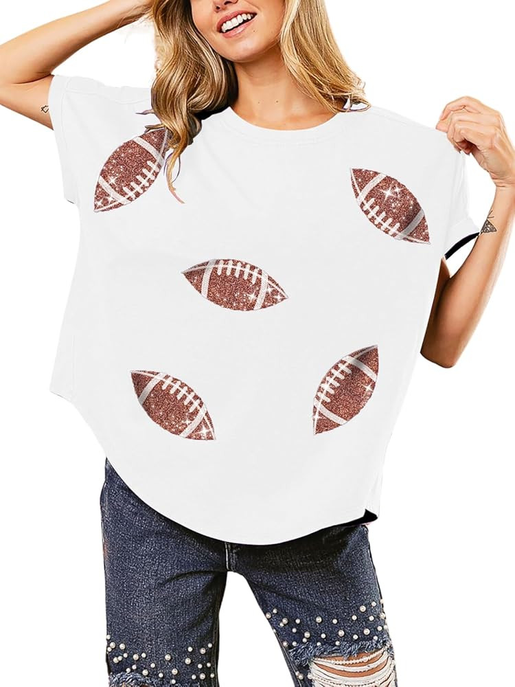 Womens Sparkle Football Sequin Rugby Tee Game Day Pullover T-Shirt Crewneck Oversized Short Sleev... | Amazon (US)
