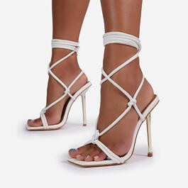 Orbit Lace Up Knotted Detail Square Toe Metallic Heel In White Faux Leather | EGO Shoes (US & Canada)