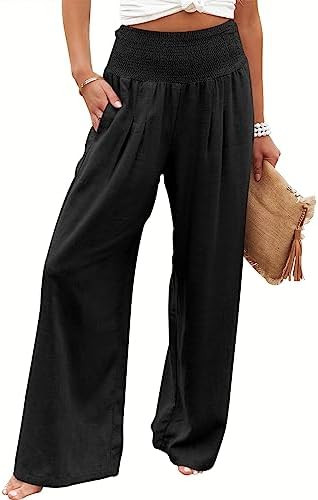 ANRABESS Women Linen Palazzo Pants Summer Boho Wide Leg High Waist Casual Lounge Pant Trousers wi... | Amazon (US)