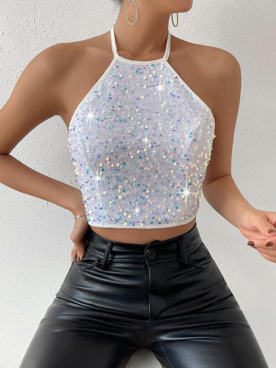 Verdusa Women's Tie Backless Glitter Sequin Sleeveless Crop Halter Top | Amazon (US)