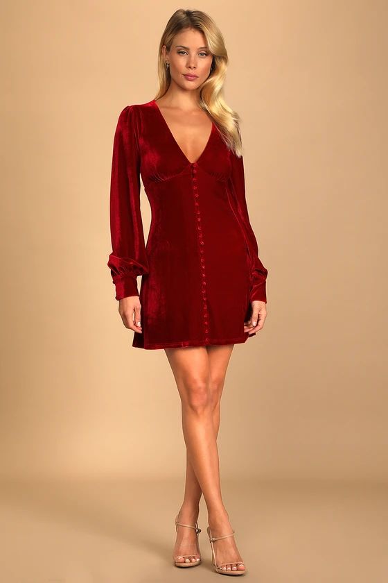 Make it Merry Wine Red Velvet Long Sleeve Button-Up Mini Dress | Lulus (US)