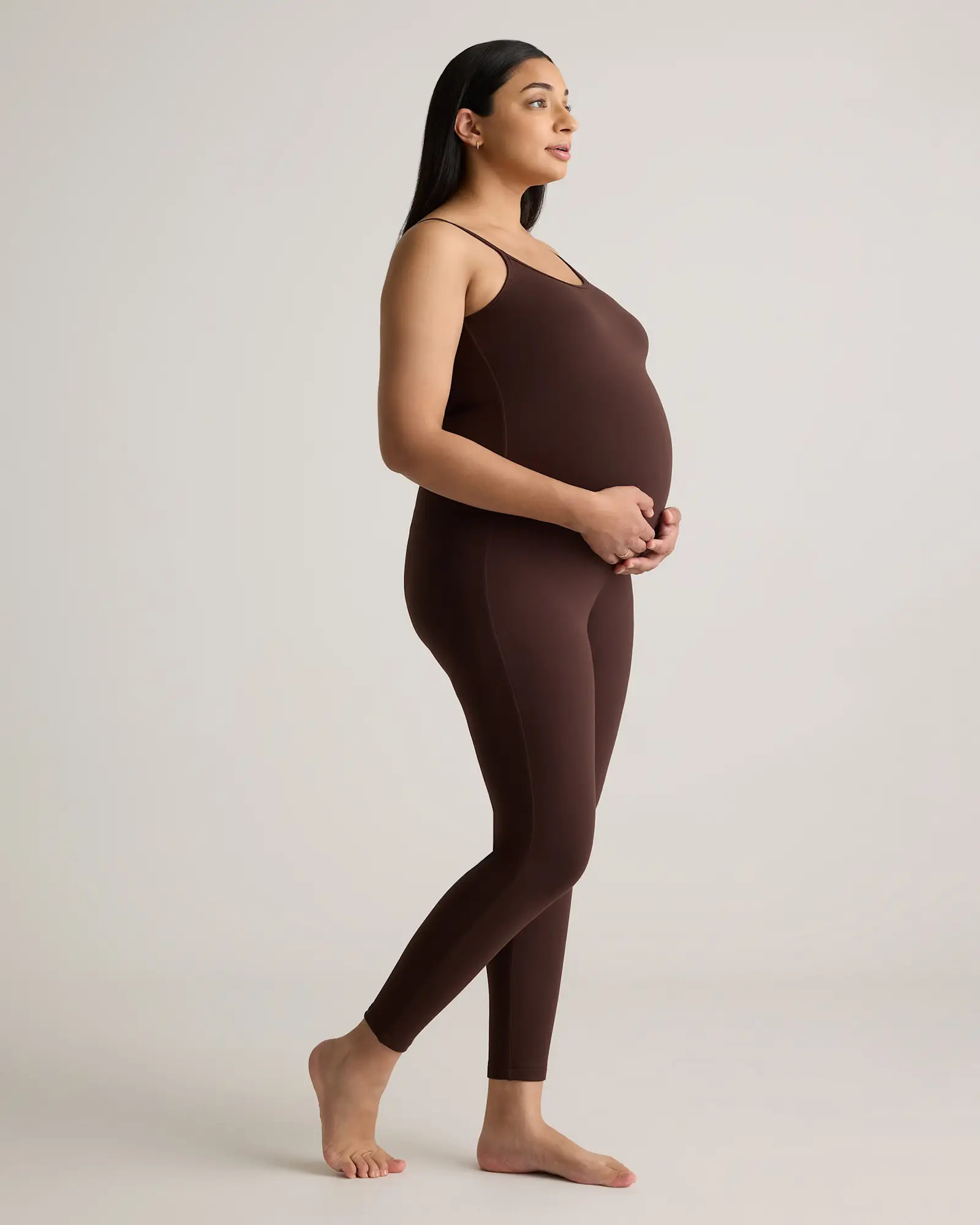 Recycled Knit Maternity Spaghetti Strap Unitard in Chocolate | Quince
