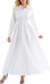 Bodycon4U Women's Pleated Long Sleeve Party Cocktail Long Maxi Button Down White Shirt A-line Dre... | Amazon (US)