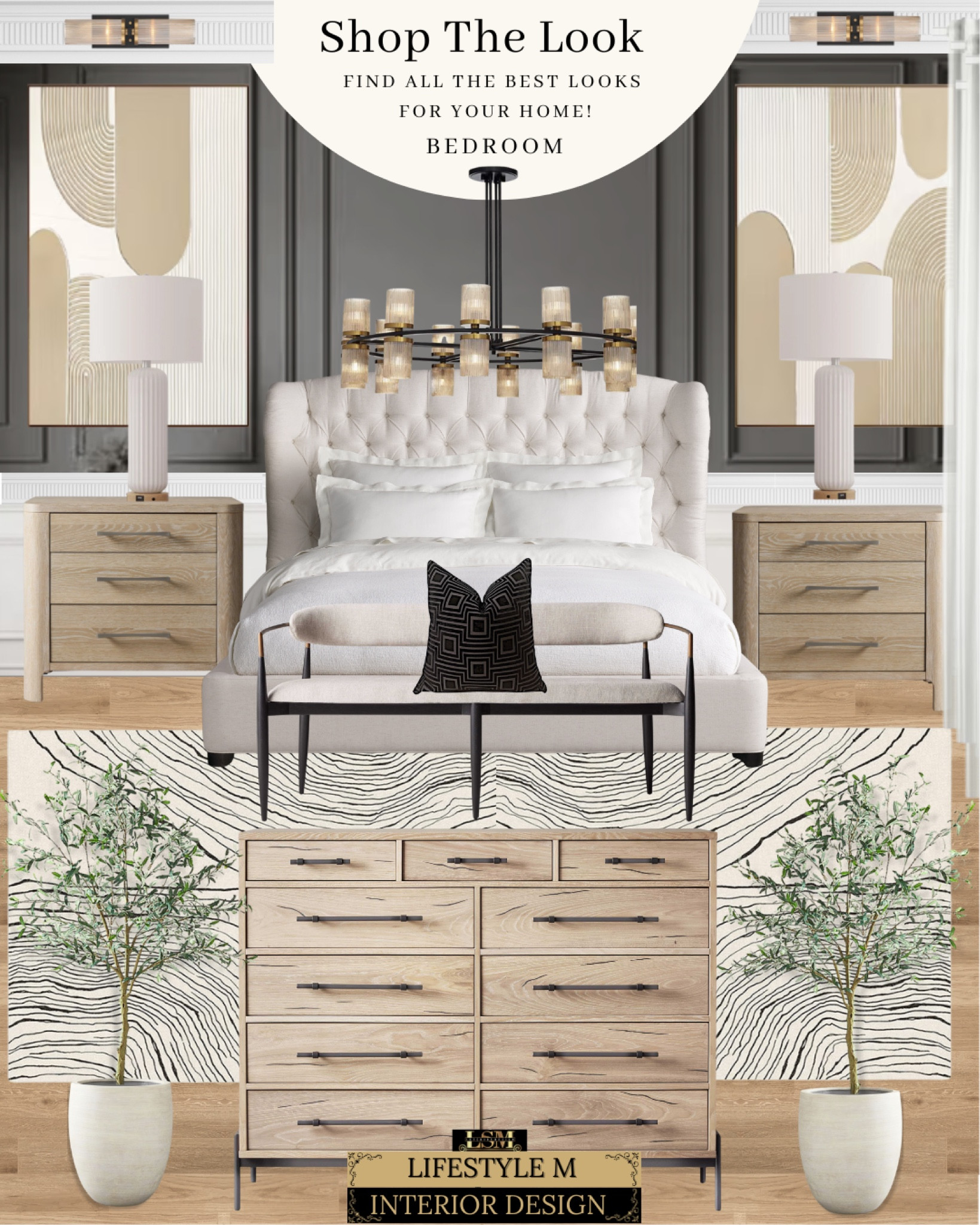 Modern Traditional Bedroom Design. Wood dresser, wood nightstand, upholstered bench, tufted upholstered bed, white black stripe rug, white table lamp, white tree planter pot, faux olive tree, black throw pillow, beige wall art, modern wall sconce, round modern chandelier light.

#LTKSale #LTKstyletip #LTKhome