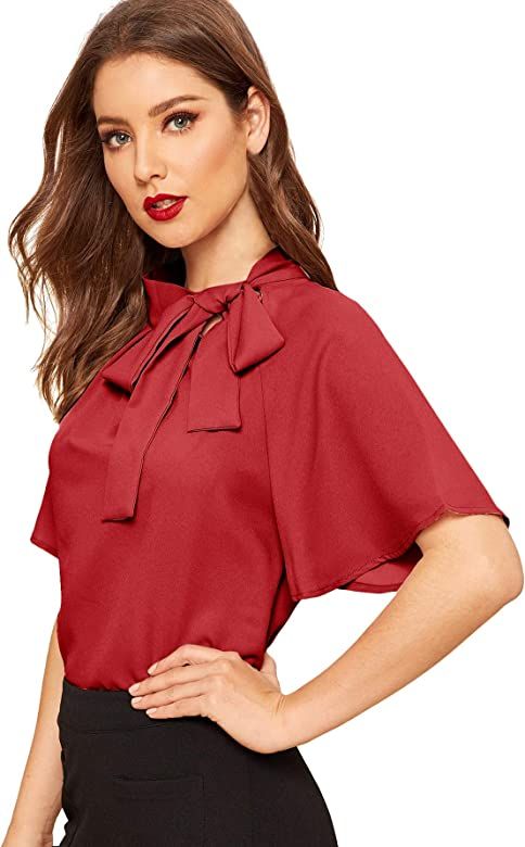 SheIn Women's Casual Side Bow Tie Neck Short Sleeve Blouse Shirt Top | Amazon (US)