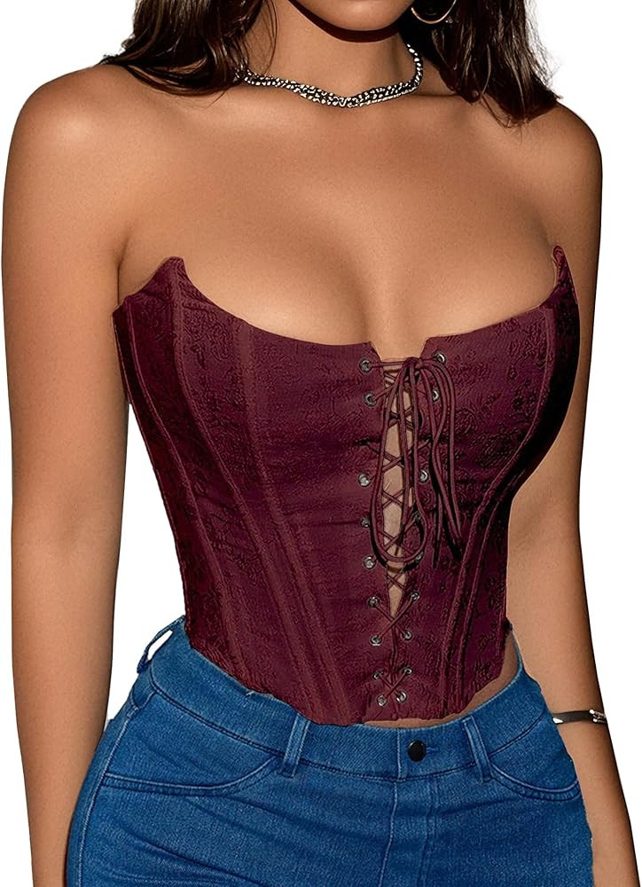 Corset Tops for Women Lace Up Overbust Corset Bustier Halloween Costume Strapless Sexy Going Out ... | Amazon (US)