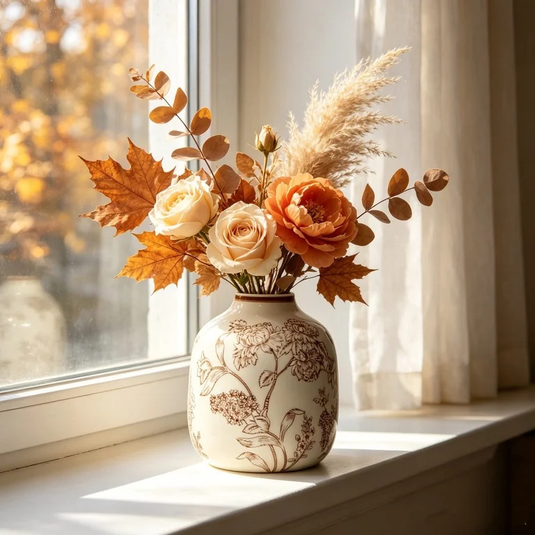 White Ceramic Vase Brown Floral Pattern 6x7in Table Top Decoration for Fireplace Shelf, Bookshelf... | Walmart (US)